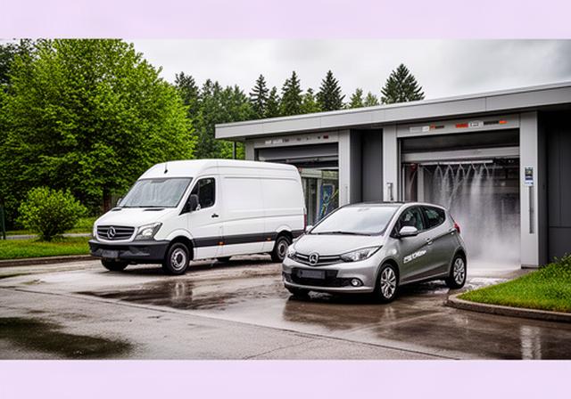 Gepflegte Firmenfahrzeuge mit Transporter und Kleinwagen vor einer Waschanlage im Forstenrieder Park