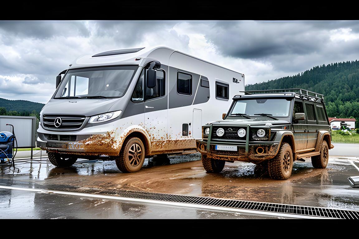 Großes Wohnmobil und Geländewagen nach einer Offroad-Fahrt auf dem Waschplatz im Süden von München